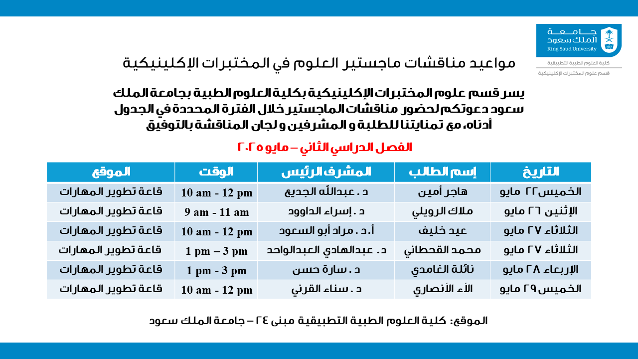 مواعيد مناقشات الماجستير 2025